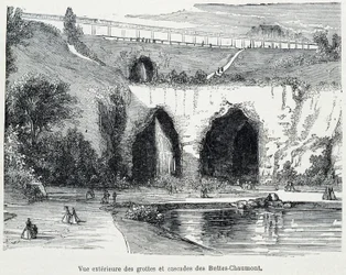 Exterior view of the cascades and caves of the Buttes Chaumont, engraving 19th century