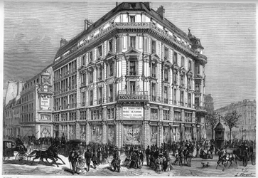 Exterior view of the new Printemps stores in Paris, on the day of the inauguration of the Vienna Elevators in 1874. Engraving in Le Monde Illustré n°885 of 28 March 1874
