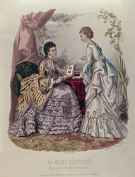 Fashion plate showing ladies in dresses designed by Mme Breant-Castel and looking at photo albums, 1872