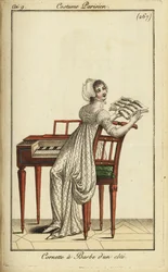 Fashionable woman playing a harpsichord