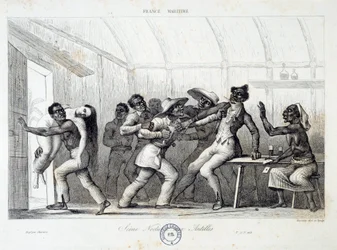 Fighting in a Tavern in the West Indies, a Young White Woman is Abducted by Robbers (engraving)
