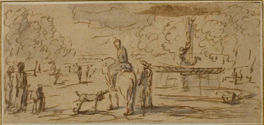 Figures Walking and on Horseback in a Park