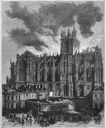 Fire of the Cathedrale Saint Etienne (Saint Stephen) of Metz, 7 May 1877. Engraving in Le Monde Illustré n°1049 of 19 May 1877
