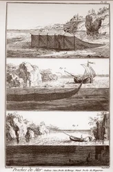 Fishery and Making & Using Fish Net - The Great Encyclopedie, ou Dictionnaire Raisonne des Sciences, des Arts et des Metiers (Encyclopedia or Dictionary of the Sciences, Arts and Professions) by Denis Diderot (1713-1784) and Jean d