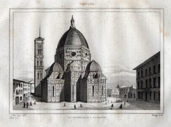 Florence Cathedral - View of the Cathedral of Florence (Duomo Santa Maria del Fiore). The dome was made by Filippo Brunelleschi around 1420-1436, Florence, Italy - Engraving from “Italy Picturesque” - Historical and Descriptive Table of Italy by M. de