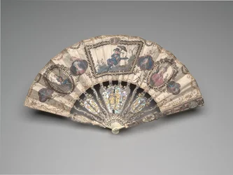 Folding fan with a chinoiserie scene, portraits, pastoral figures, and still lifes