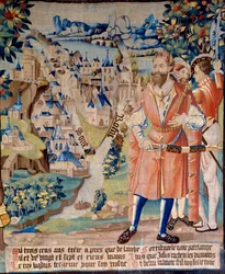 Founding of the City of Lyon: Lugdus Grandson of Galathes, Founder of Gaul, with Companions, Behind Him, the City of Lyon at the Confluence of the Rhone and the Saone, the Mountains of the Alps in the Distance (Tapestry)