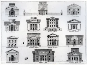 Fourteen of the barriers designed by Claude Nicolas Ledoux for the Wall of the Farmers-General surrounding Paris