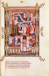 St. Denis preaching to the Parisians who break their pagan idols, from Vie de St. Denis, 1317