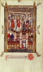 The first interrogation of St. Denis and his companions by Sisinnius, from Vie de St. Denis, 1317