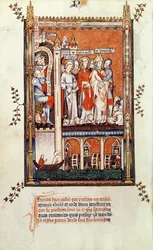 Sisinnius showing the bodies of other Martyrs to St. Denis and his companions, from Vie de St. Denis, 1317