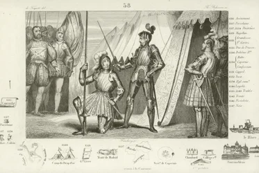 Francis I of France requesting to be knighted by the Chevalier Bayard after victory at the Battle of Marignano, Italy, 1515