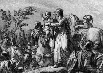 Fredegonde, Queen of Neustria, holding in her arms her son, the future Clothary II; 584. Engraving of the 18th century