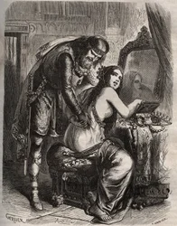 Fredegonde (545-597) Takes Her Husband, King of the Franks Chilperic I (543-597), for Her Lover, Landeric. The King Discovers as His Wife Cheats on Him. Engraving from 1871 in 