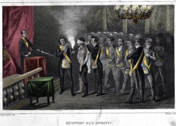 Freemasonry: initiation and reception of an apprentice. Engraving from “Picturesque History of Freemasonry and Ancient and Modern Secret Societies” by F.-T. B. Clavel. Pagnerre, publisher. 1843.