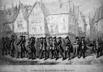 Freemasonry: Masonic funeral of Warren Hastings (1732-1818), British colonial administrator. Engraving from “Picturesque Histoire de la Franc-Maçonnerie et des Sociétés Secrètes antiques et modernes” by F.-T. B. Clavel. Pagnerre, editor. 1843.