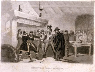 Freemasonry: the oath of the reaper brothers in Potok in 1821. Engraving from “Picturesque History of Freemasonry and Ancient and Modern Secret Societies” by F.-T. B. Clavel. Pagnerre, publisher. 1843.