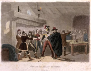 Freemasonry: the oath of the brothers reapers in Potok in 1821. Engraving from “Histoire pittoresque de la Franc-Maçonnerie et des Sociétés secrètes, anciennes et modernes” by F.-T. B. Clavel. Pagnerre, publisher. 1843.