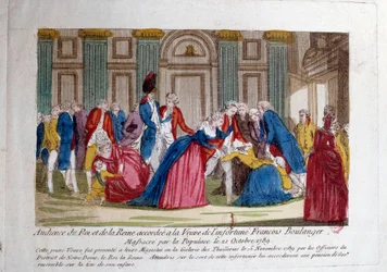 French Revolution: “Audience of Louis XVI and Marie Antoinette on 15/11/1789 granted to the widow of François Boulanger, massacred by the populace on 21/10/1789” Engraving of the 18th century. Paris, Library of the Arsenal