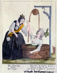 French Revolution: Cartoon against Queen Marie Antoinette (1755-1793), who fell to the bottom of a well for wanting to quench her thirst for French blood. 18th century. Paris, B.N.