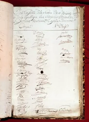 French Revolution: sheet of a register of attendance of 26/12/1797 (6 nivose year VI) with signatures of persons who attended a National Institute. Paris, Academy of Sciences