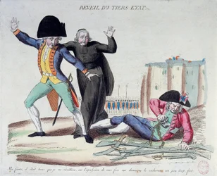 French Revolution: the awakening of the Third Estate. Cartoon on the three estates. He freed himself from his chains under the frightened eyes of the army and the clergymen. French print from 1789. Paris, National Library.
