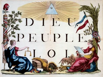 French Revolution: the divine triangle illuminating God, the People and the Law, the allegories of France, Justice, Abundance and the Republic