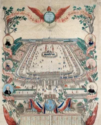French Revolution: view of the Festival of the National Federation on 14/07/1790 at the Champ de Mars. Engraving from 1790. Paris, National Archives