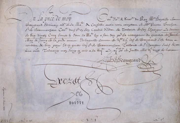 French calligraphy: Recu in favour of Bernard de Beaugrand delivered on 2 July 1623. Historical library of the city of Paris
