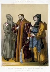 French costumes in the 16th century: On the left, a penitent, in the center a noble and on the right a priest. Illustration of the 19th century from Saint Ouen to Rouen
