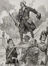 French Propaganda Poster Entitled "On Les Aura", or We Will Have Them. Four Soldiers from Different Historical Periods Carry a Wounded but Defiant World War One Soldier on a Shield. From Agenda Buvard du Bon Marche Published 1917