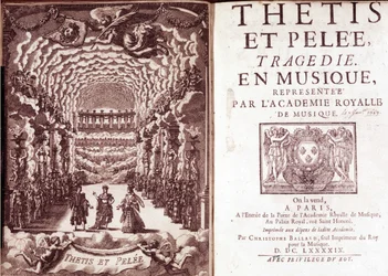 Frontispiece of Thetis and Pelee tragedie in music represented by the Royal Music Academy
