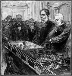 Funeral of James Abram Garfield, President of the United States: his replacement, Chester Alan Arthur and Secretary Blain in front of the coffin under the dome of the Washington Capitol. Engraving in 