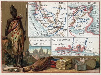 Gabon, Tunisia and the Guinee Coast in Africa. Series on the French Colonies. Raw Material: Gum, Sponge, Tobacco and Silks, Ivory. Chromolithography 
