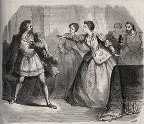 Gabrielle de Vergy Disputes Her Fiance, Eudes de Fayel, Who Is Jealous of the Friendship She Has with Her Cousin, Albert de Nozereau. Scene of a 12th Century Legend. Engraving from 1871 in 
