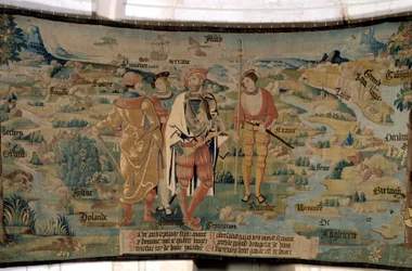 Galathes, founder of Gaul, surrounds companions against a background of landscape depicting the map of Gaul