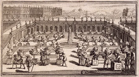 Gardeners working in an orange garden, from Le Parfait Jardinier, ou Instruction pour les Jardins Fruitiers et Potager, by Jean de la Quintinye