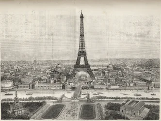 General View of the World Fair in Paris in 1889 with Eiffel tower from Trocadero, engraving