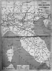 Geographic map of the duchies of Central Italy in 1860. Engraving in 