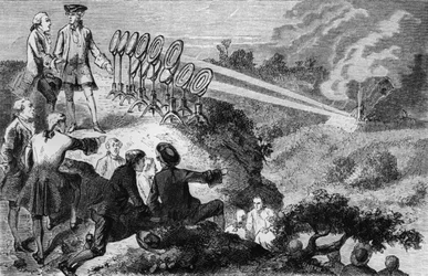 Georges-Louis Leclerc Count de Buffon experimenting blazing mirrors on haystacks at Montbard, from La Vie des Savants Illustres by Louis Figuier, published in Paris