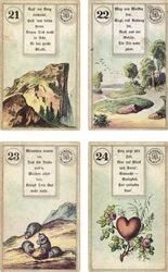German edition of the Lenormand French cartomancy deck: The Mountain, The Road, The Mice, The Heart, published by Dondorf, Frankfurt, 19th Century