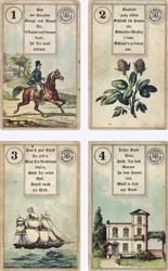 German edition of the Lenormand French cartomancy deck: The Rider, The Clover, The Ship, The House, published by Dondorf, Frankfurt, 19th Century