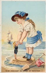 Girl Teaching a Doll to Swim