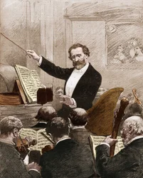 Giuseppe Verdi leading the opera orchestra to the first representation of Aida in Paris in 1880