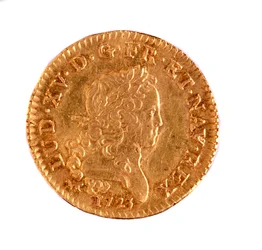 Golden French Louis, Reign of King Louis XV (1715-1774) 1723. Diam. 2.3 cm Naples, Museo Archeologico
