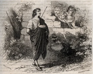 Greek mythology: Bacchis and his friends try to seduce Gyges who refuses and remains faithful to his deceased wife. Engraving from 1871 in Histoire Des Cocuses Celebres by Henry de Kock (1819-1892)
