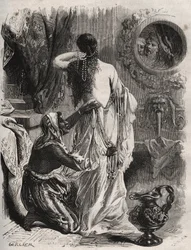Greek mythology: the king of Lydia Candaule shows his wife naked to his confidant Gyges, hides in the shadows when she uncloses in the bedroom. Engraving from 1871 in Histoire Des Cocus Celebres by Henry de Kock (1819-1892)