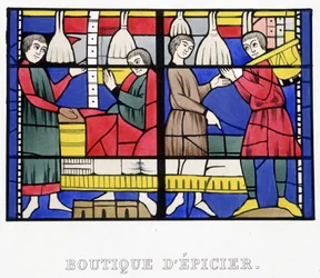 Grocer shop. Facsimile of a stained glass from the Middle Ages in 