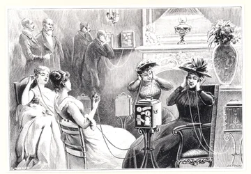 Guests in a Paris hotel listening to direct relays for opera or theatre performances on Marinovitch