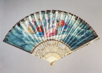 Hand Fan Depicting Dance and Play, Swan Leather with Ivory Guard Stick Inset with Mother of Pearl